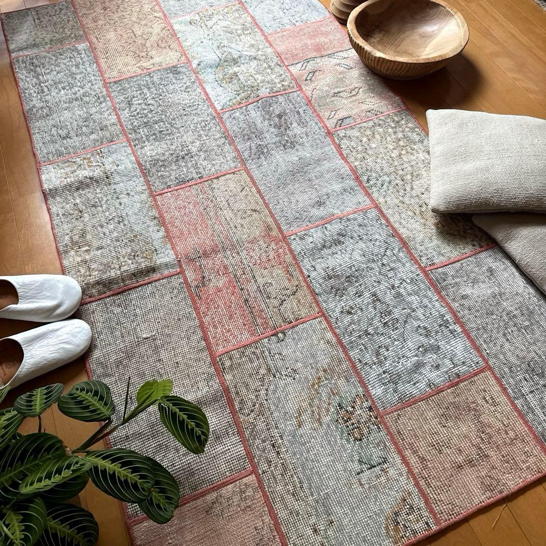 95×175 コーラルピンクパッチワークラグ　トルコヴィンテージラグ