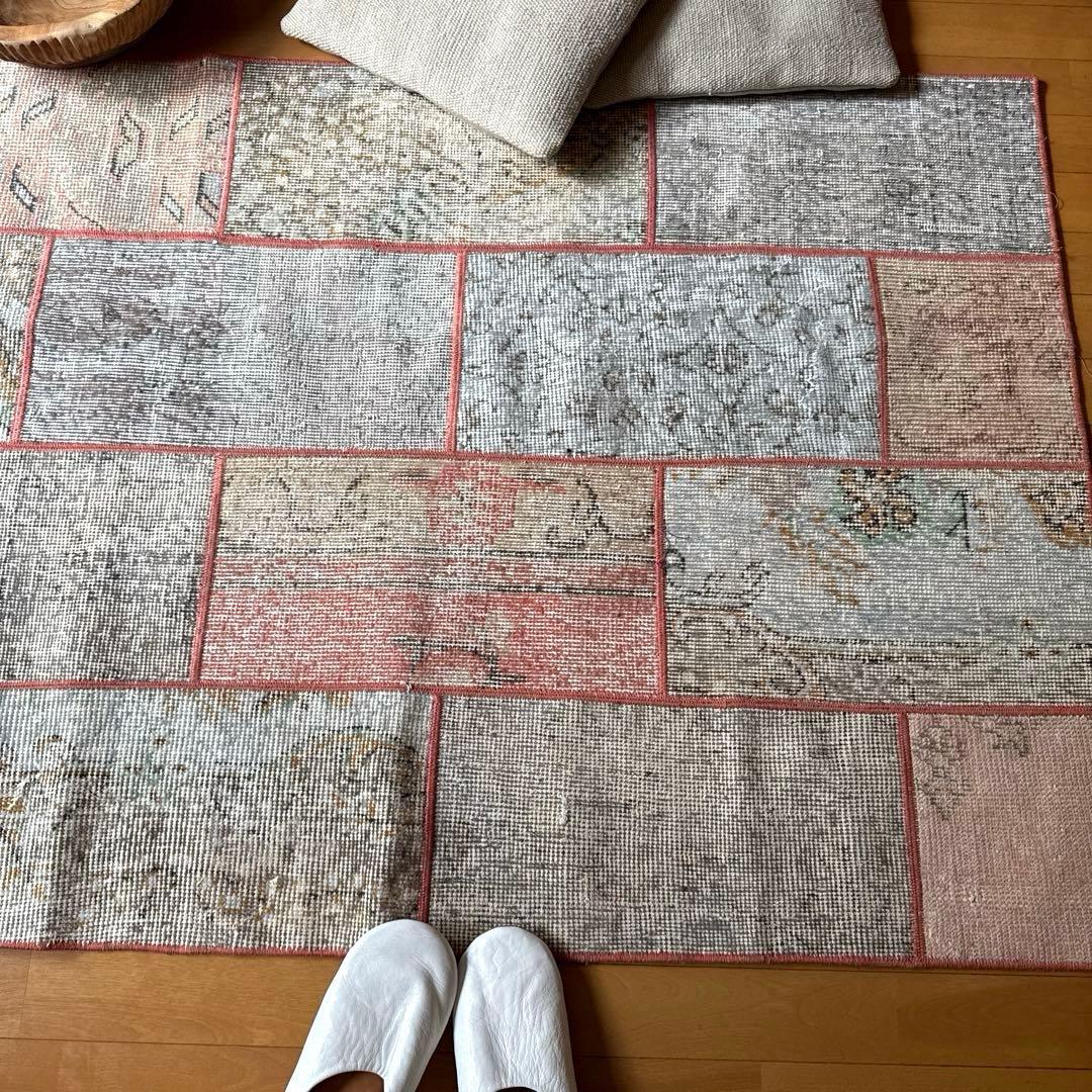 95×175 コーラルピンクパッチワークラグ　トルコヴィンテージラグ