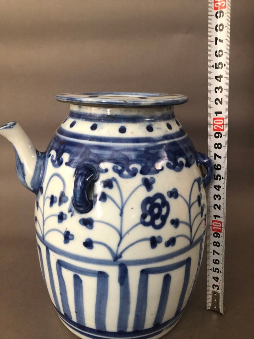 中国骨董　古美術　青花四耳水差し、花瓶