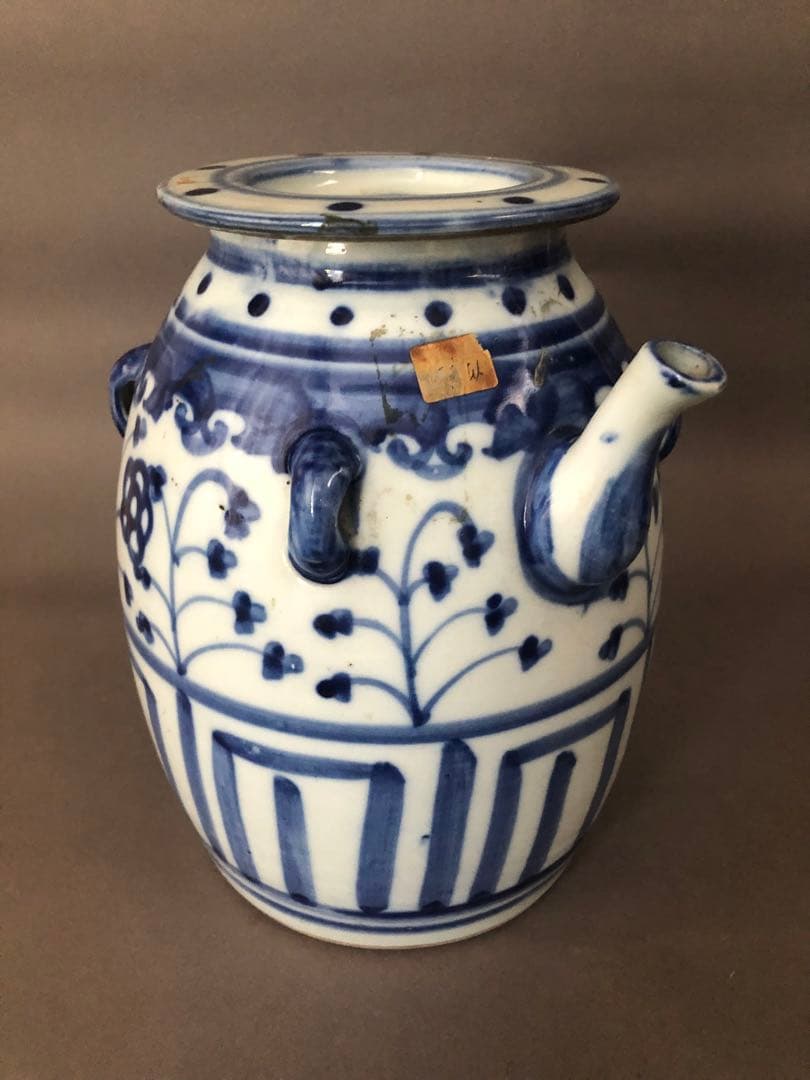 中国骨董　古美術　青花四耳水差し、花瓶