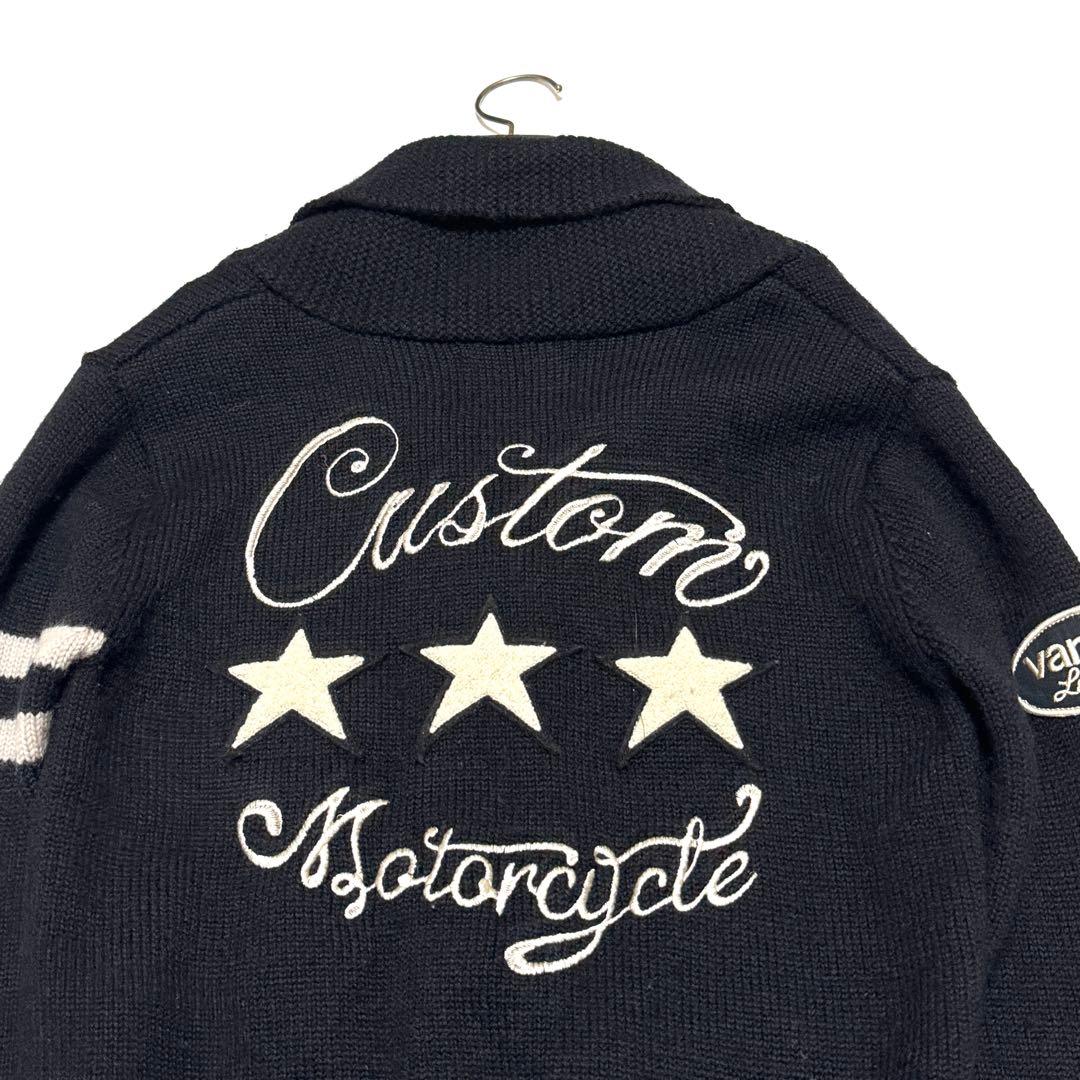 vanson バンソン ショールカラー カーディガン ワッペン 刺繍 黒 L