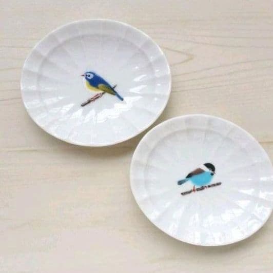 新品2枚セット　九谷焼ちゅんちゅん豆皿　こがら　るりびたき