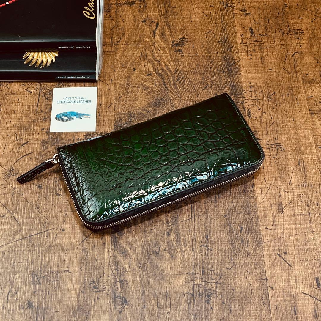 実物撮影 一枚革 クロコダイル メンズ長財布 ラウンドファスナー