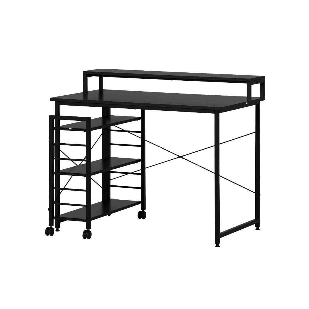 【ブラック】パソコンデスク キャスター付きで移動可能ラック付き デスク