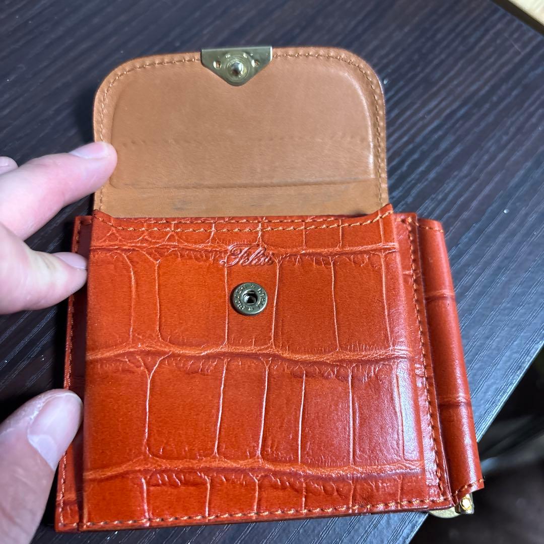 Felisi オレンジレザー マネークリップ クロコダイル型押し