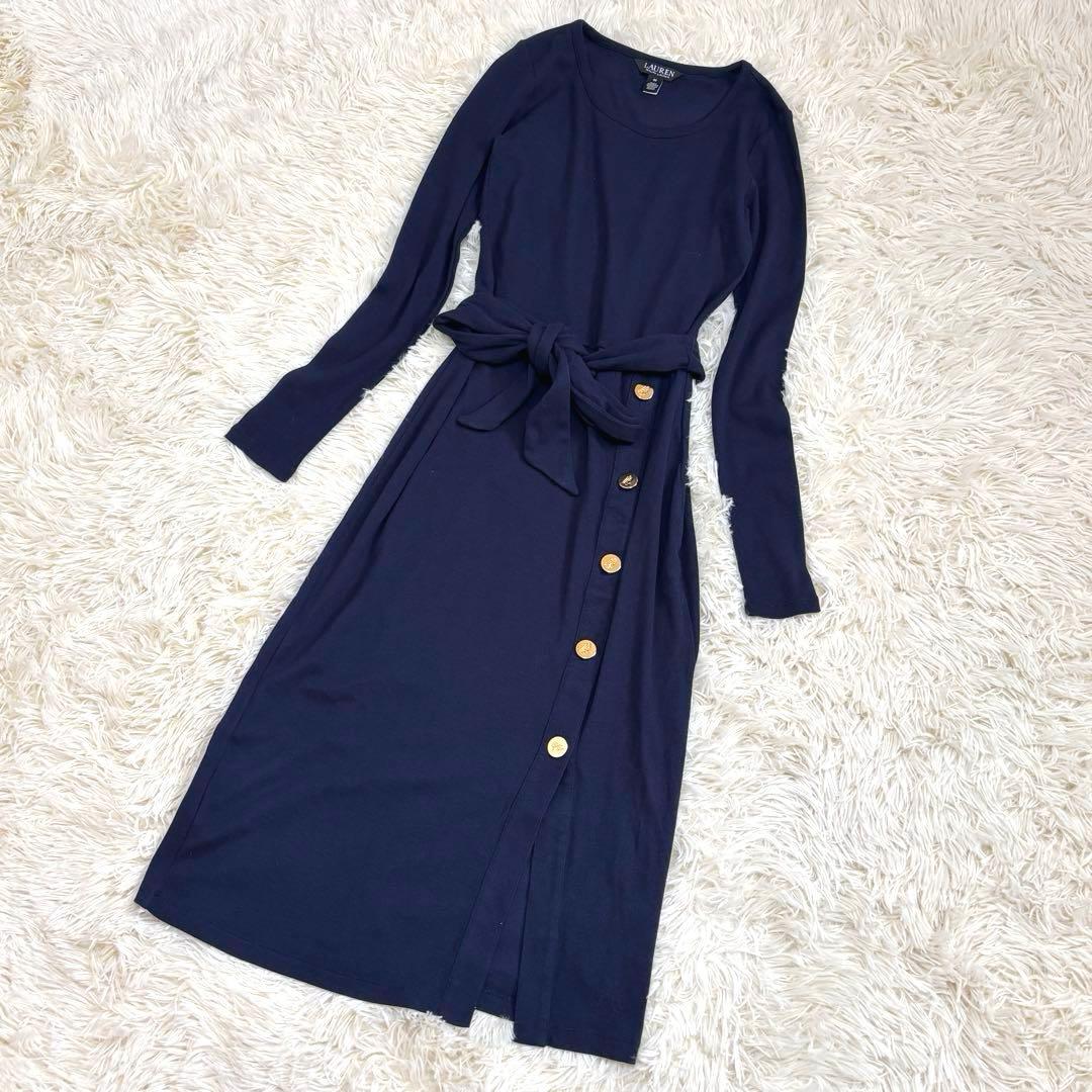 【美品】ローレンラルフローレン ベルテッド リブニット ドレス ネイビー XS