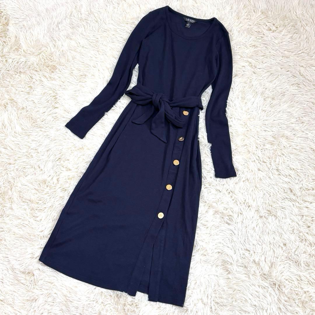 【美品】ローレンラルフローレン ベルテッド リブニット ドレス ネイビー XS