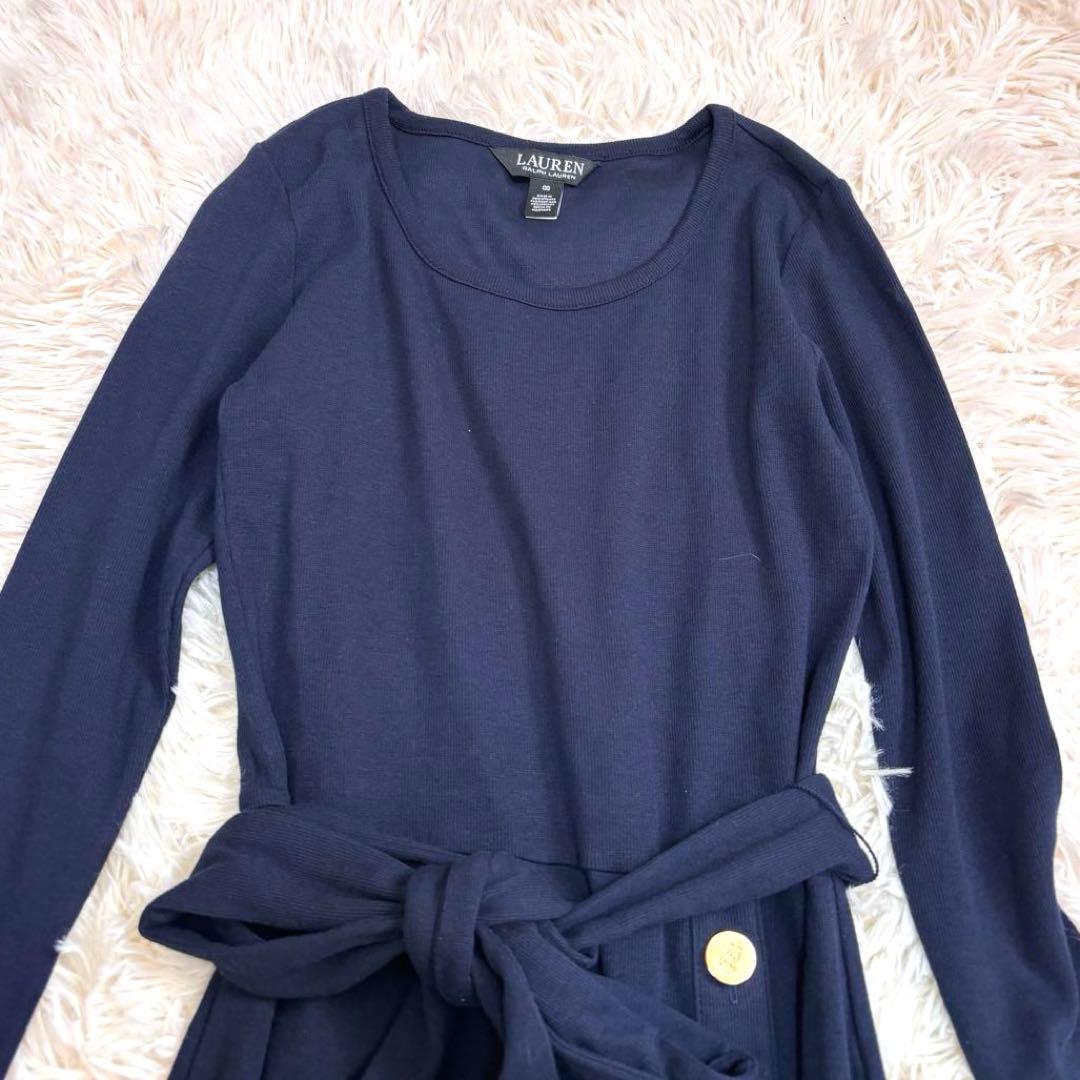 【美品】ローレンラルフローレン ベルテッド リブニット ドレス ネイビー XS