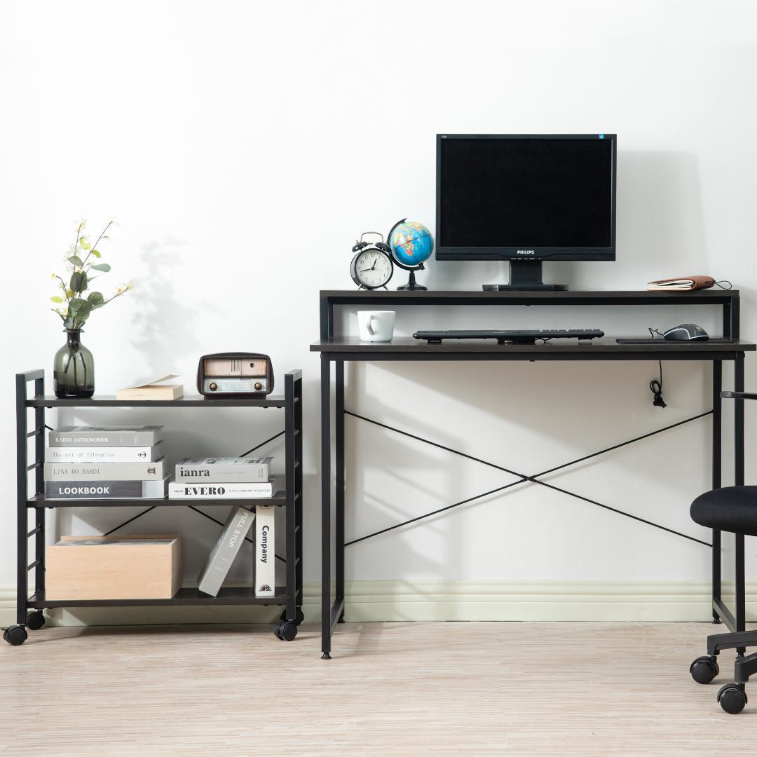 【ダークブラウン】パソコンデスク キャスター付きで移動可能ラック付き デスク