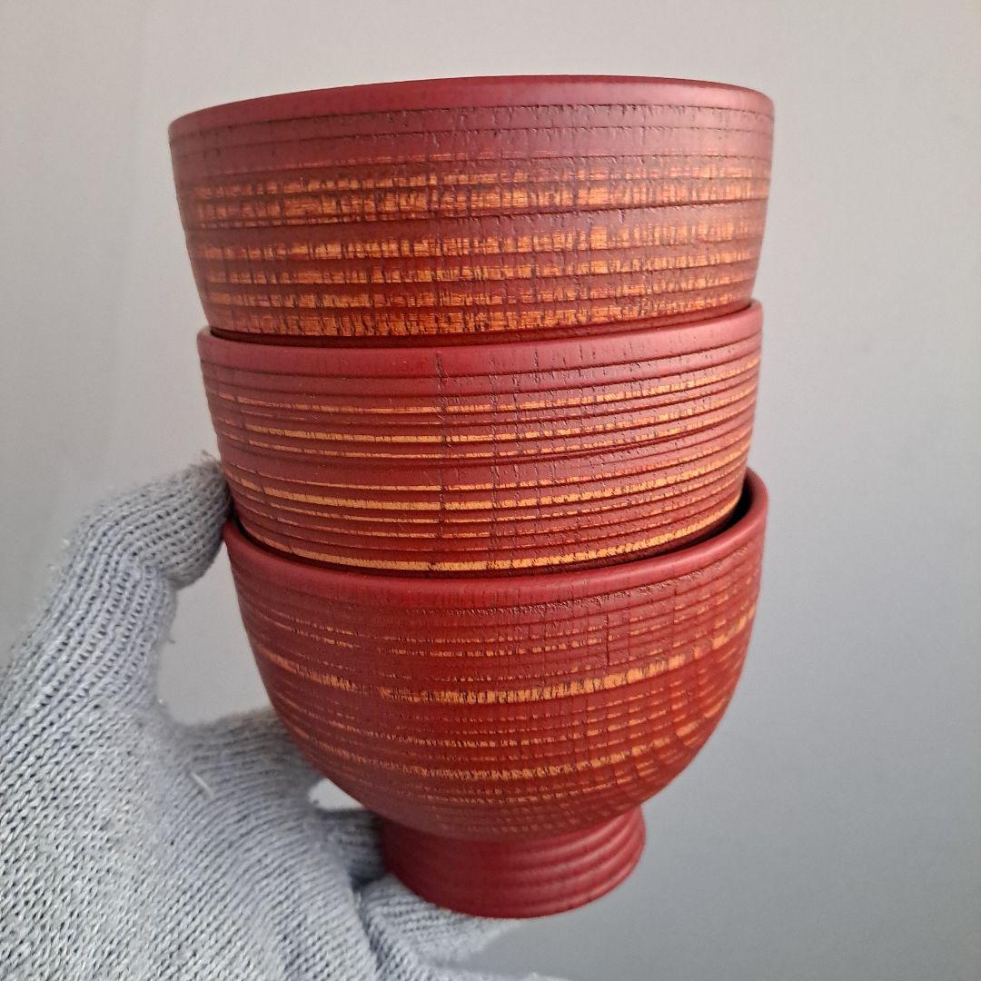 【山中漆器　大椀×3客】天然木製　内外\"轆轤目　未使用品