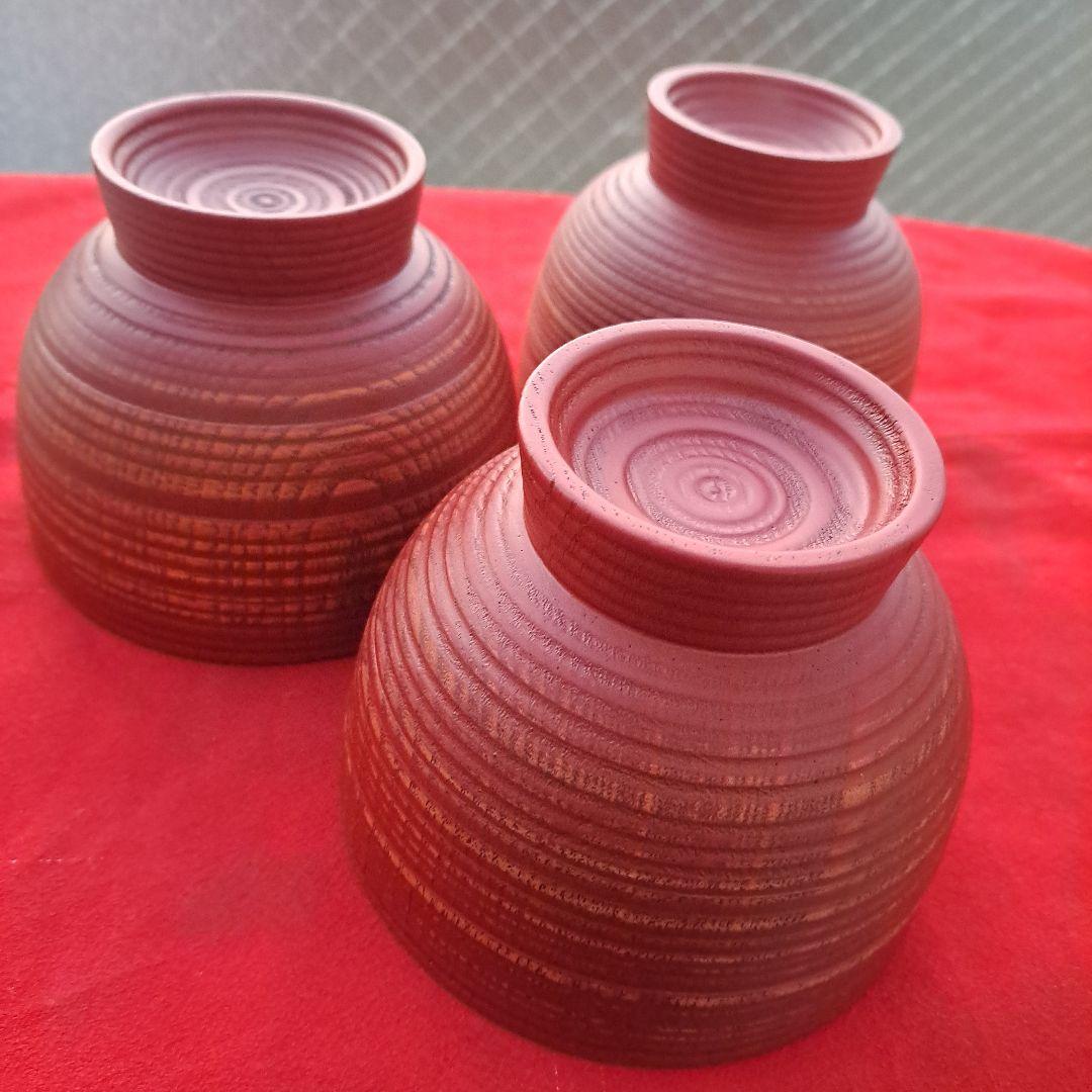 【山中漆器　大椀×3客】天然木製　内外\"轆轤目　未使用品