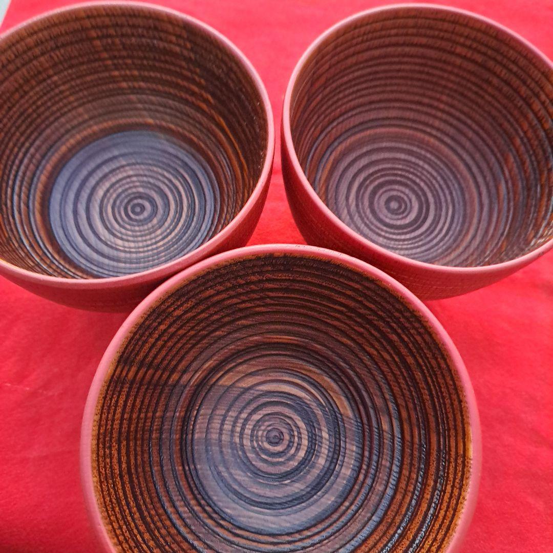 【山中漆器　大椀×3客】天然木製　内外\"轆轤目　未使用品
