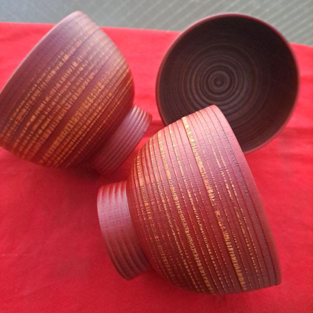【山中漆器　大椀×3客】天然木製　内外\"轆轤目　未使用品