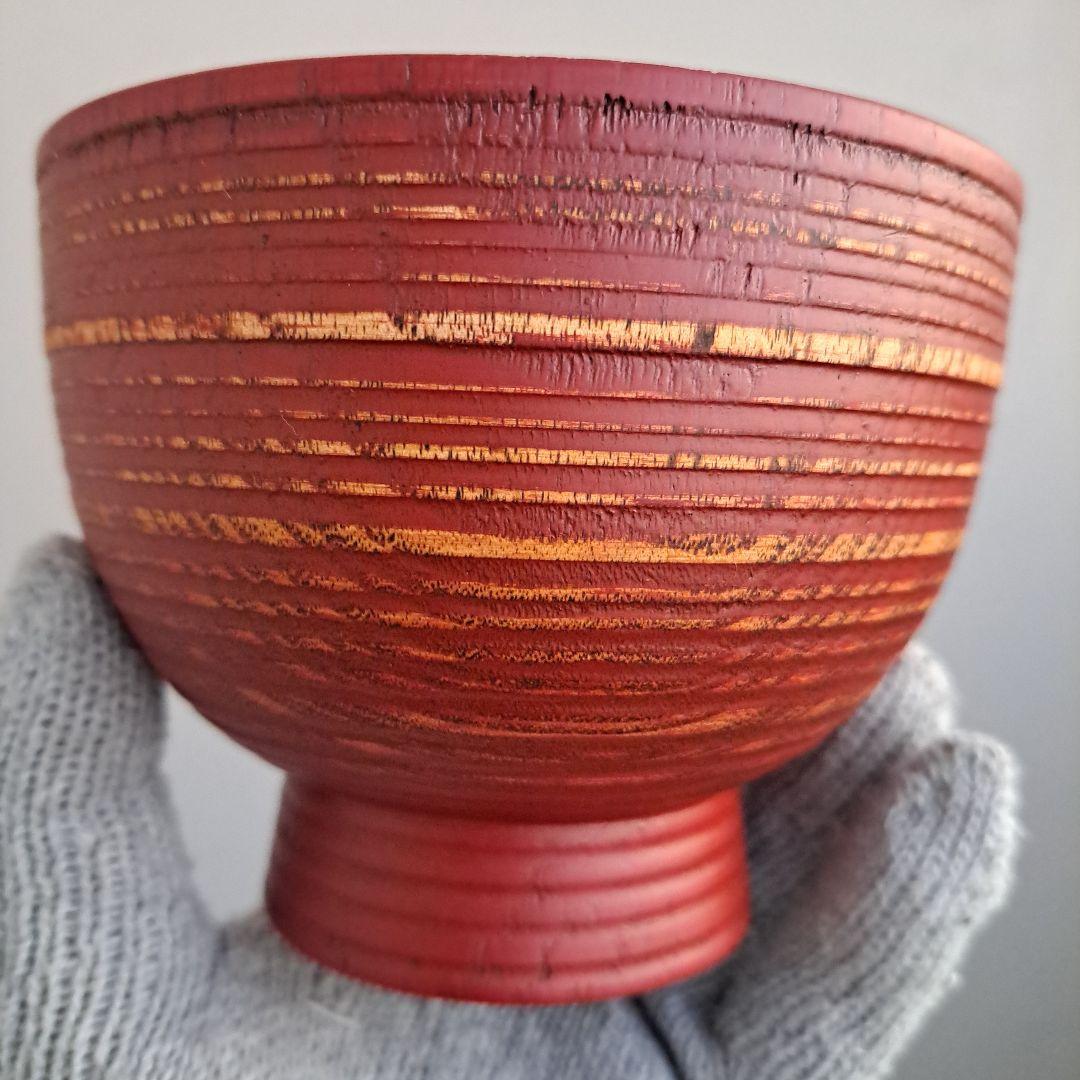【山中漆器　大椀×3客】天然木製　内外\"轆轤目　未使用品