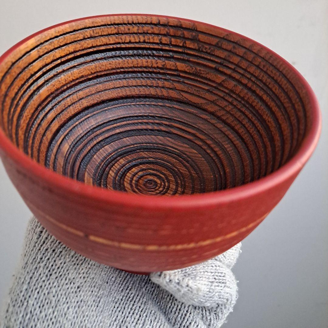 【山中漆器　大椀×3客】天然木製　内外\"轆轤目　未使用品