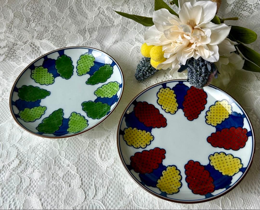 【新品・未使用】源右衛門窯　染錦緑樹＆染錦紅樹　銘々皿　２枚セット