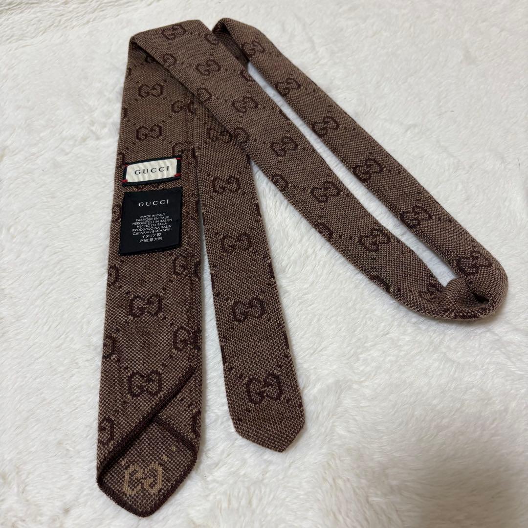 美品 ✨現行タグ✨GUCCI ネクタイ ナロータイ GG柄 ブラウン ウール 毛