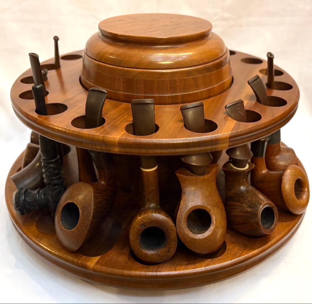 木製 回転式パイプスタンド　18本用　パイプ10本付き　アンティーク