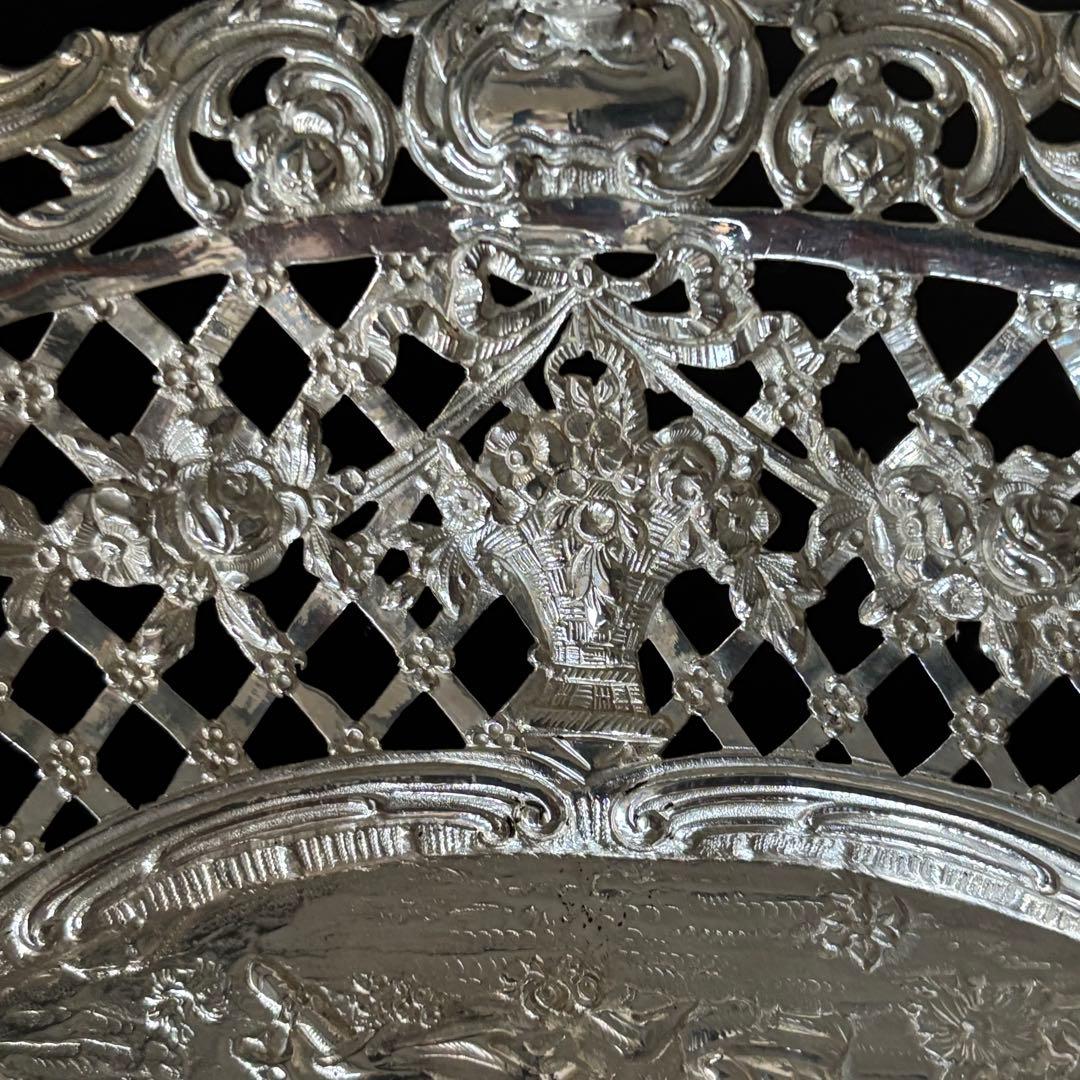 ドイツ製　アンティークシルバー　バスケット　ピアス細工　ロココ　リボン　天使