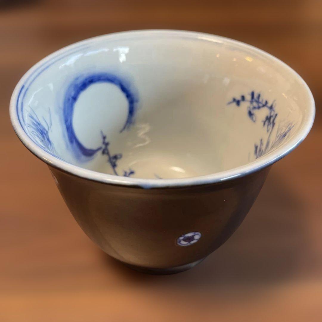 【明治十年購入／西脇順三郎生家伝来】染付 梅竹図 盃洗 共箱・書付あり 骨董品