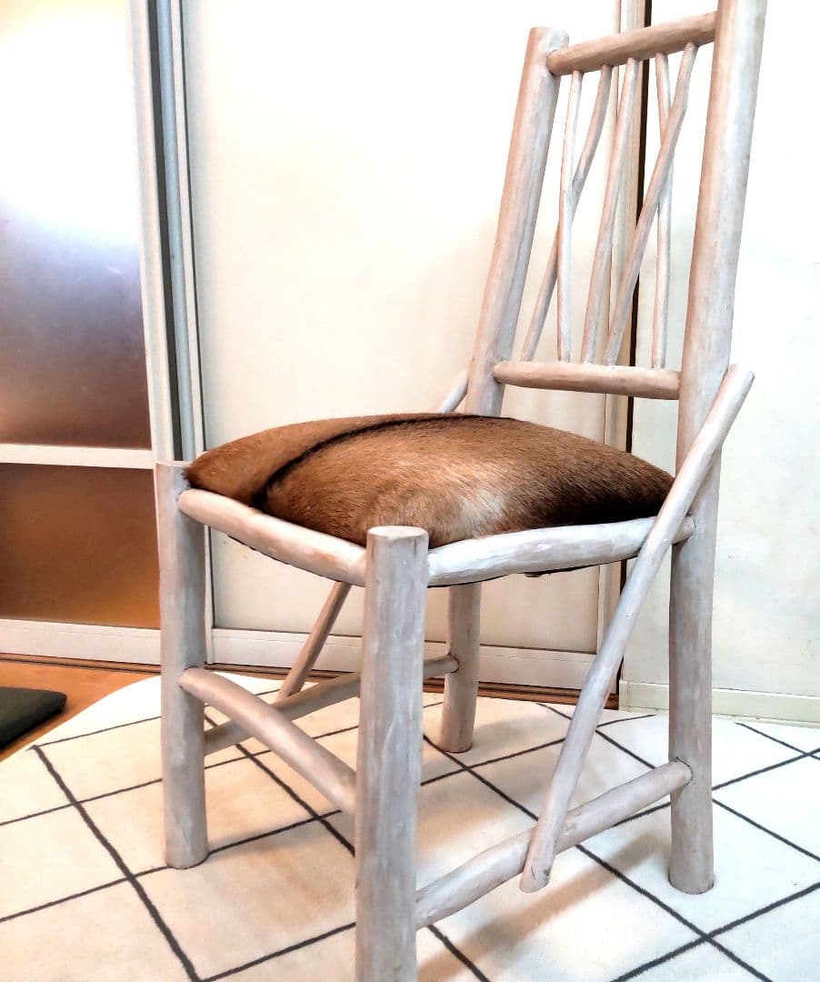(美品)ハラコ チェア 毛皮 椅子 スツール 天然木 本革