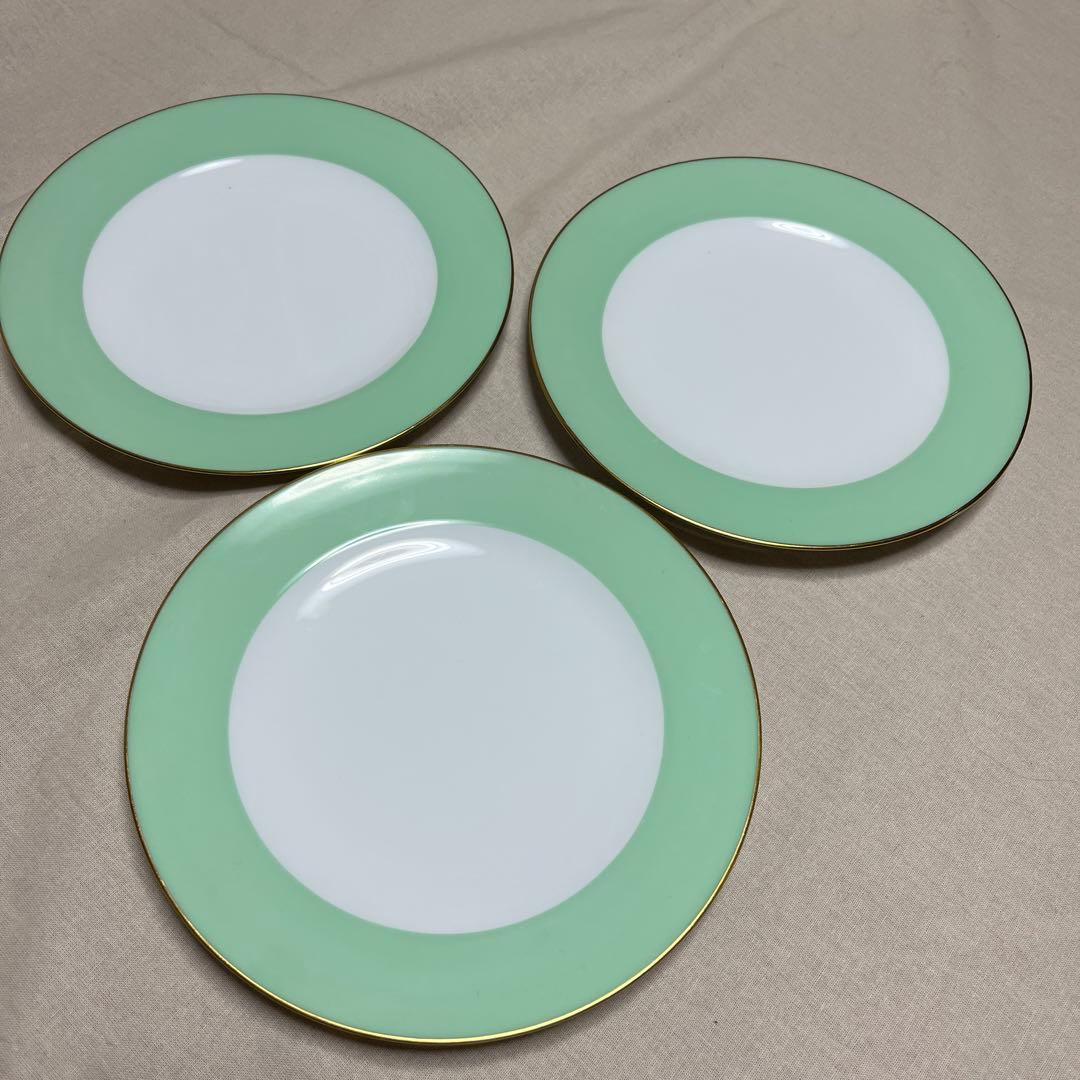 大倉陶園　色蒔き　ライトグリーン　 デザートプレート　20cm ３枚