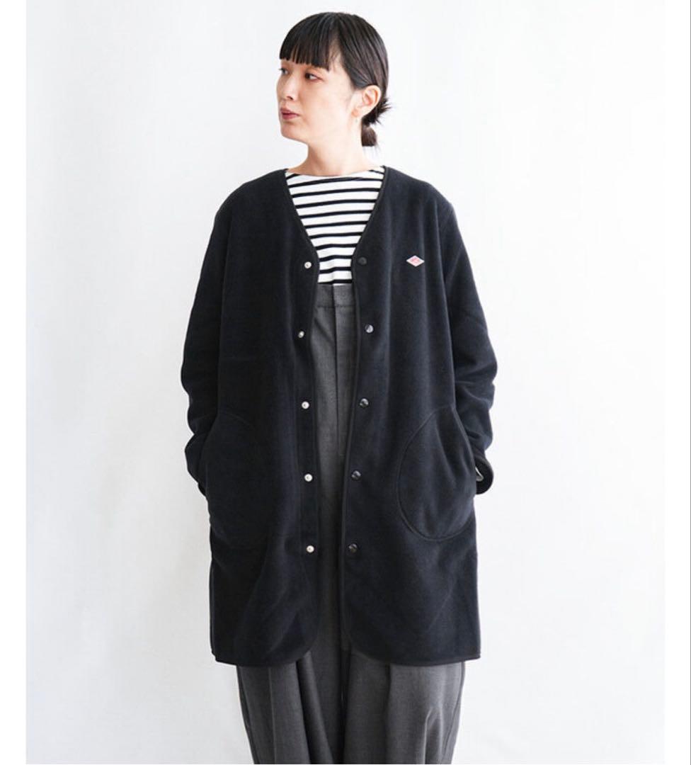 DANTON フリースノーカラーコート ボア ロング丈 【S】黒