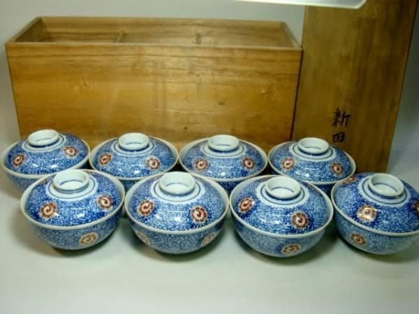 蓋茶碗■古九谷 染付 赤花唐草紋 8客 新田 蓋物 蓋鉢 時代物 骨董品■①
