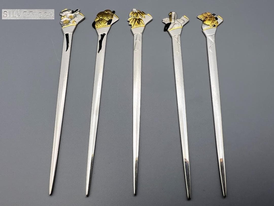 SILVER925　刻印　銀製　菓子楊枝　5本セット　鶴と亀　梅と竹　重量29g