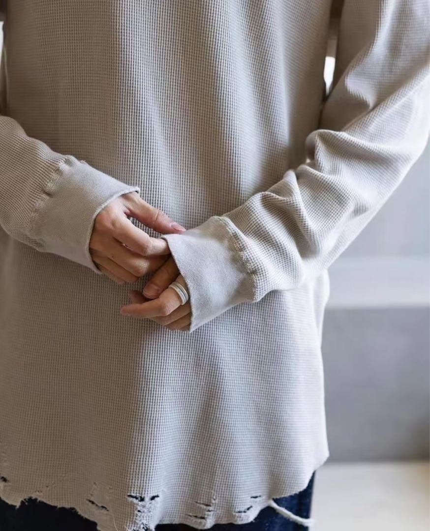 ANCELLM ダメージ ワッフルクルーネックロングスリーブティーシャツ ２