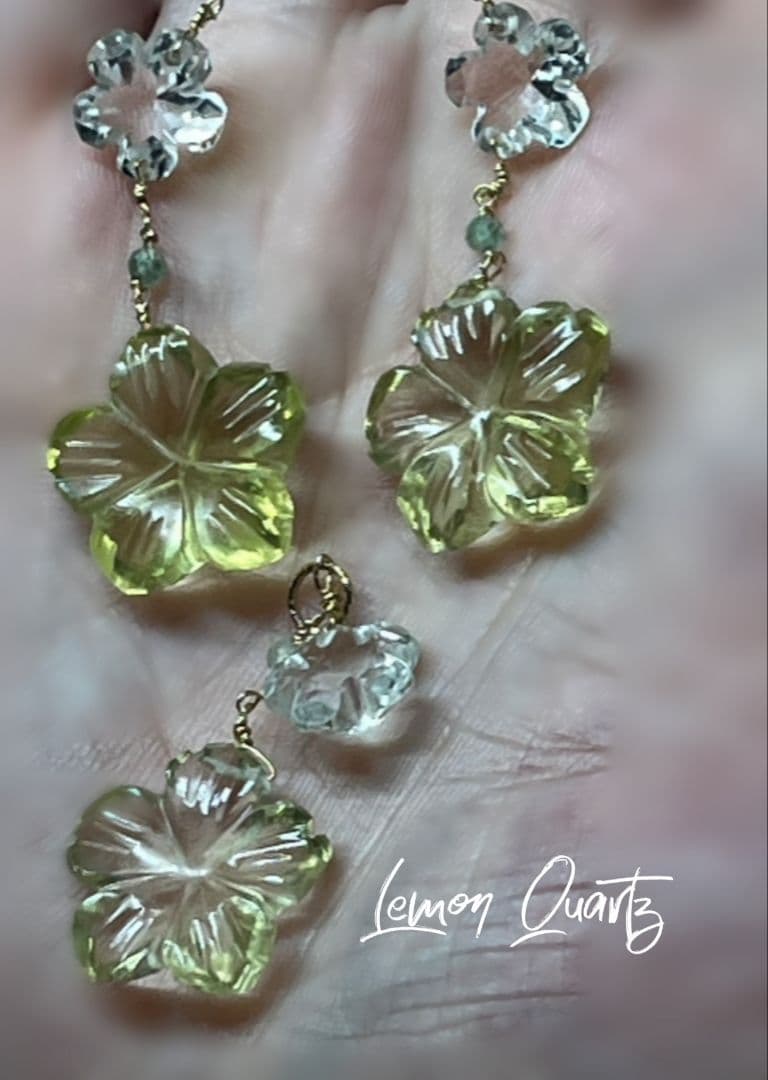 14kgfレモンクォーツ ピアスチャーム&ネックレスチャーム