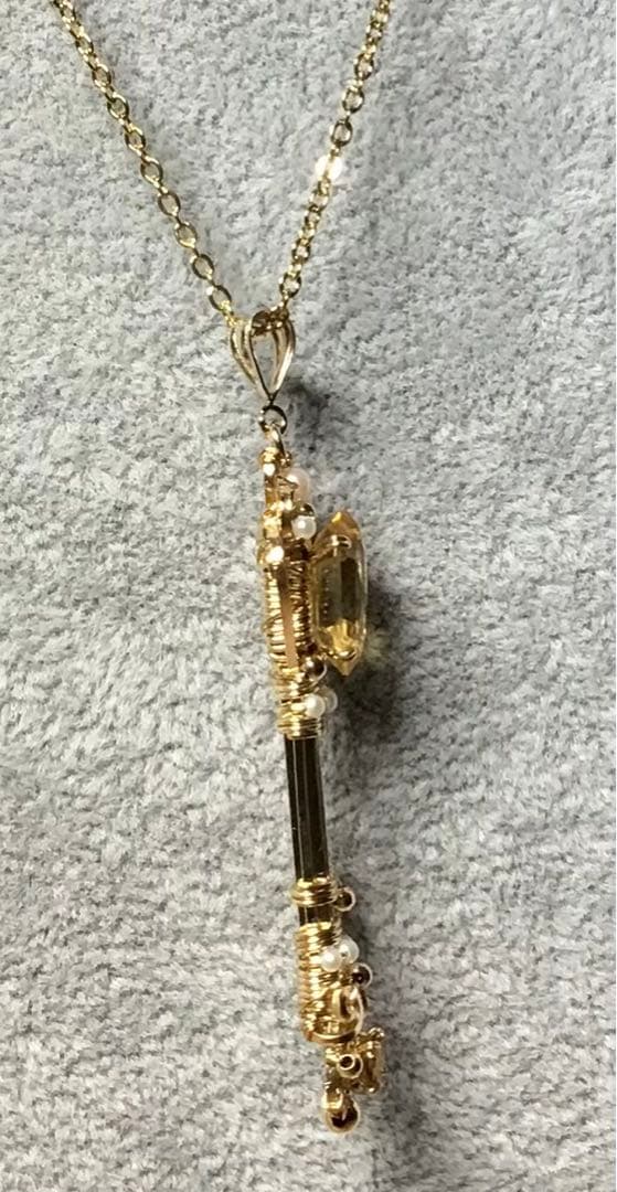 【未使用】天然石　鍵型ペンダント　シトリン　トルマリン　アコヤパール　淡水パール