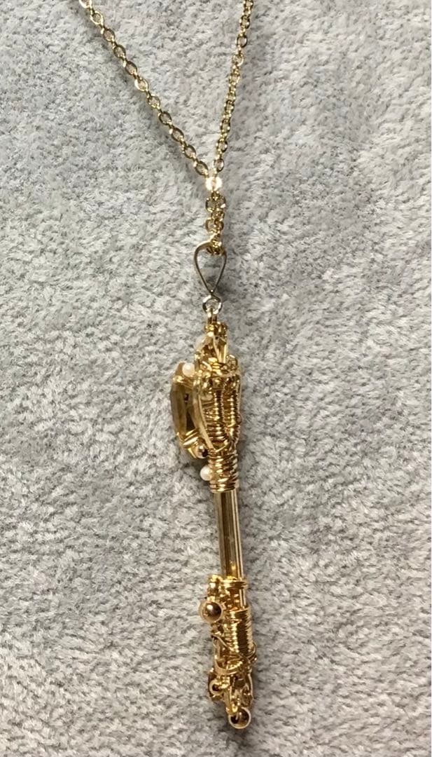 【未使用】天然石　鍵型ペンダント　シトリン　トルマリン　アコヤパール　淡水パール