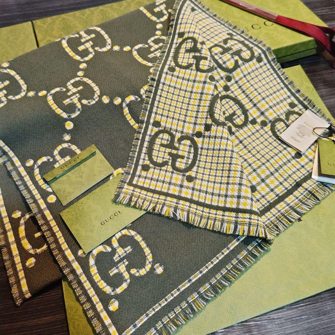 ❤新品❤箱袋付き最高級ウール❤GUCCI ジャカード マフラー❤カーキ色❤