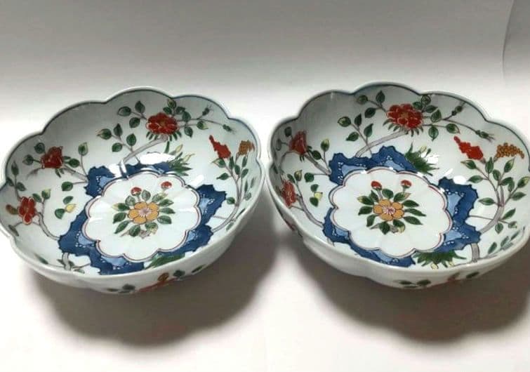 源右衛門窯 染錦 草花文 向付 鉢 2客組 未使用品