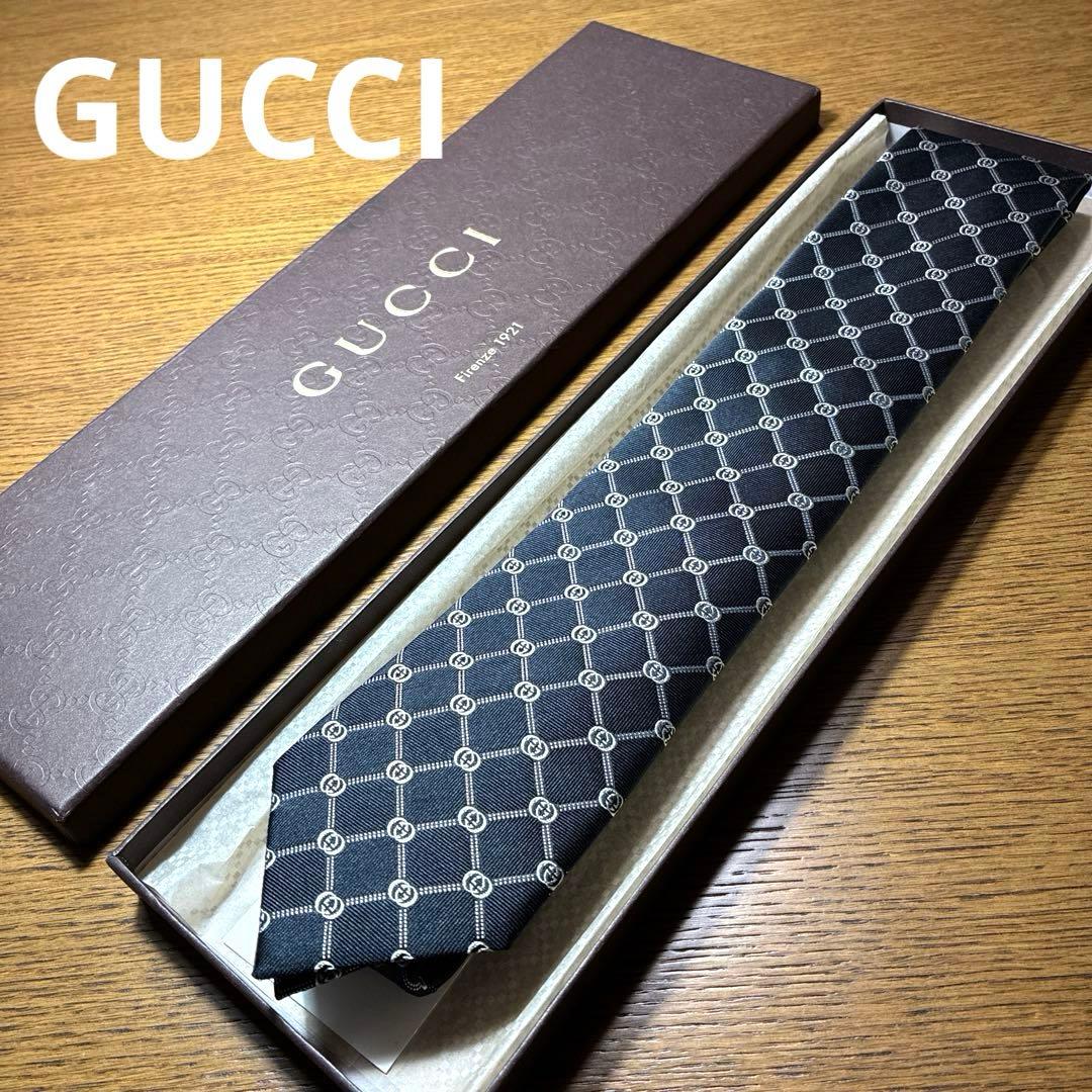 【美品】GUCCI グッチ 黒ネクタイ GG柄