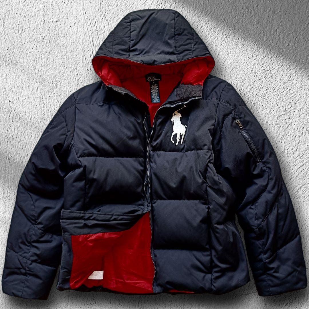 人気モデル XL ビッグポニー刺繍 ラルフローレン ダウンジャケット 黒x赤
