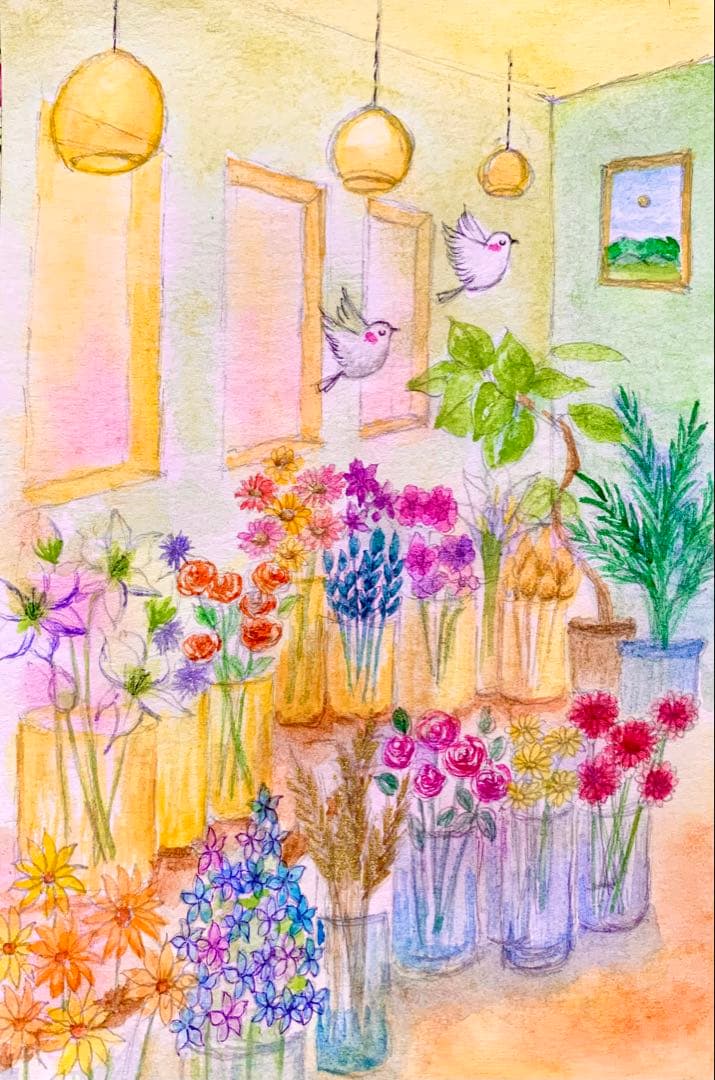 momorin水彩画　お花屋の小鳥　値段は※900円です