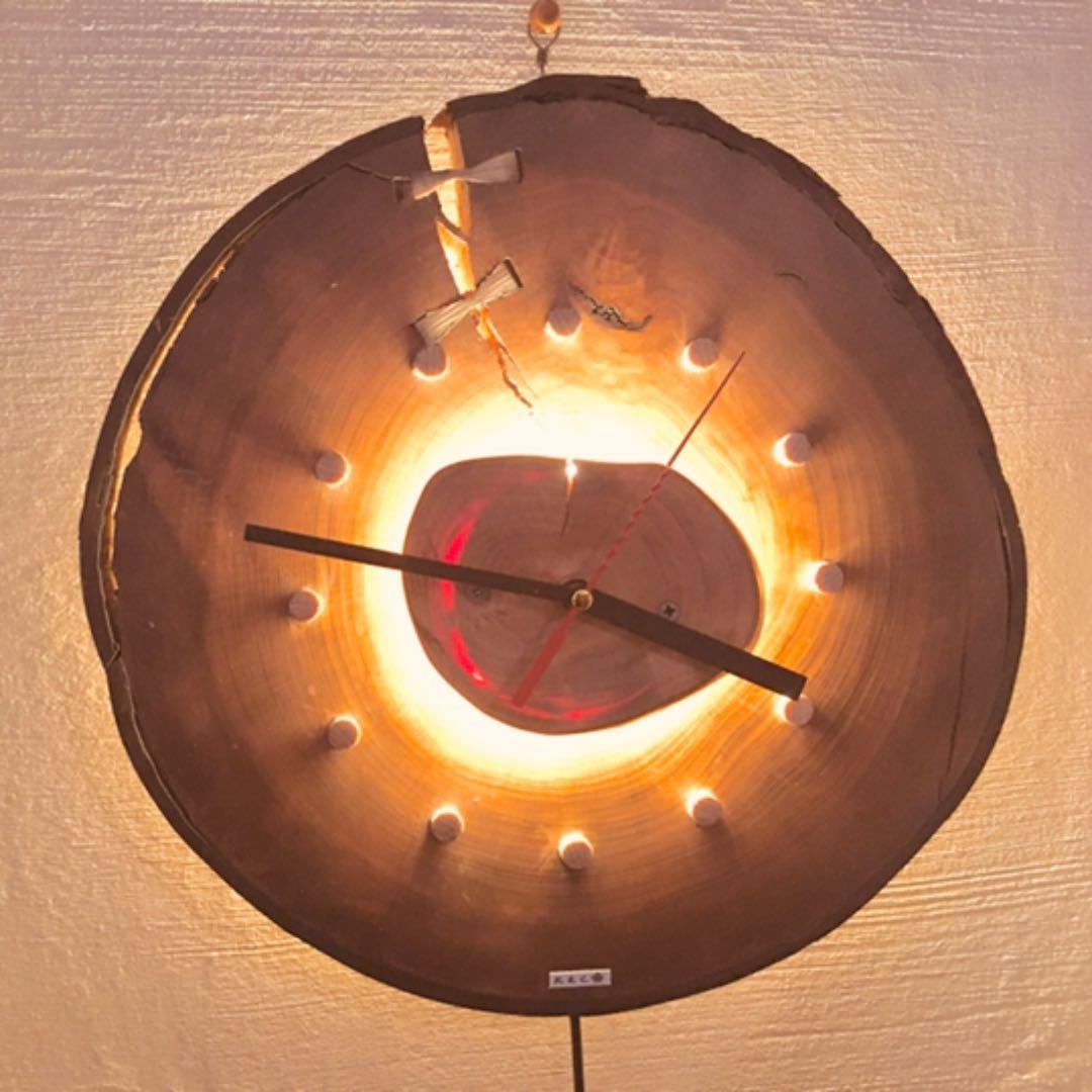 掛け時計　桜切株　LEDライト付き