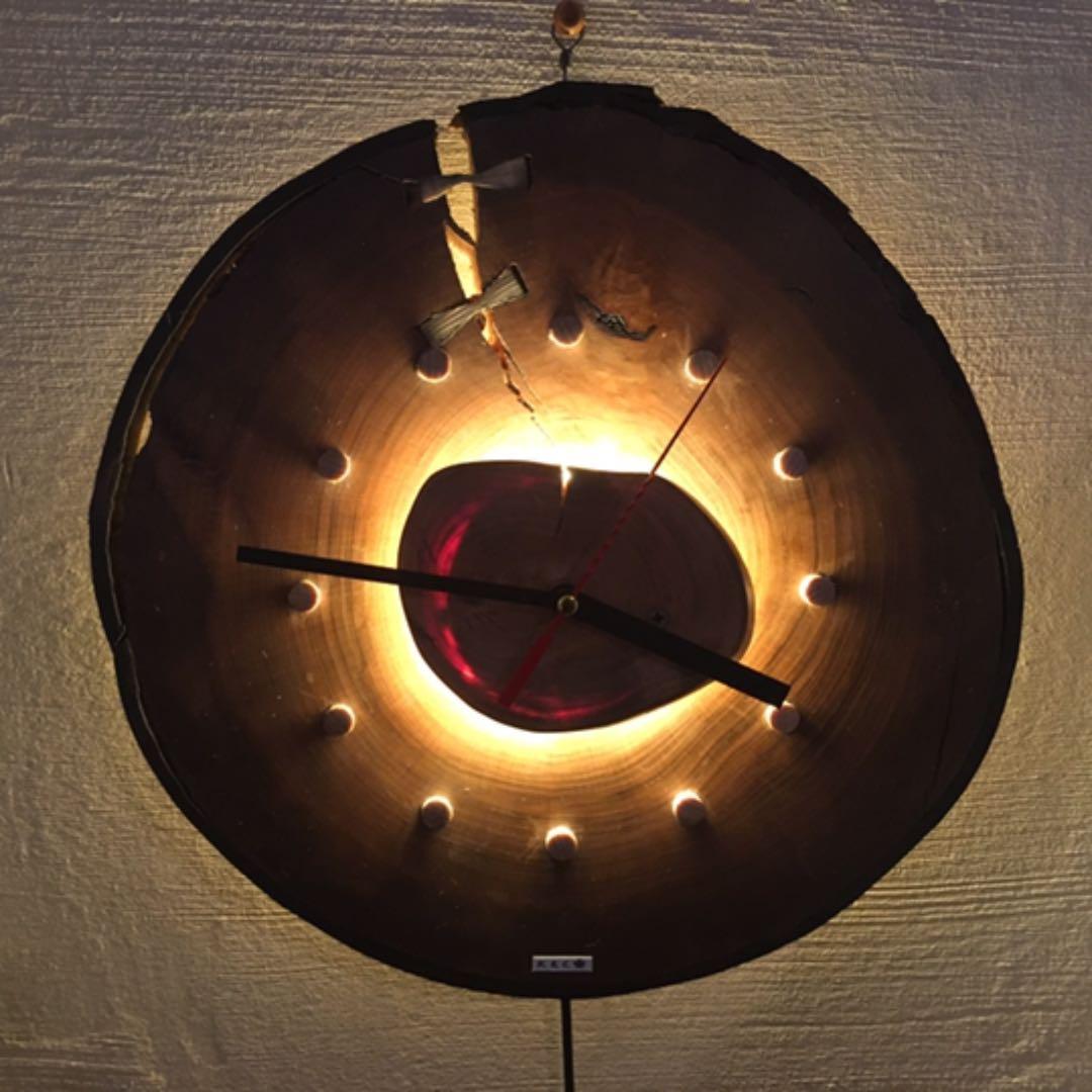 掛け時計　桜切株　LEDライト付き