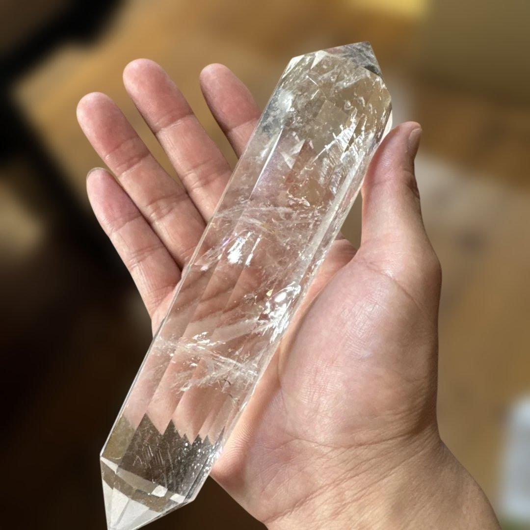 高品質　水晶ポイント　12面カット　台座付　ダブルポイント天然水晶