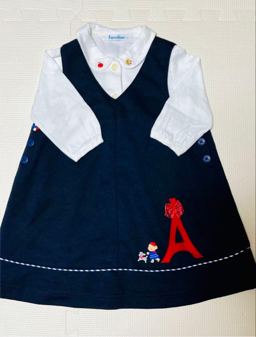 ファミリア　美品　パリ　エッフェル塔　完売　ジャンパースカート　リボン