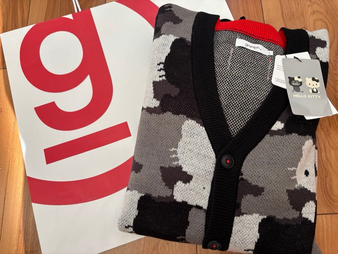 キティ シルエットパターン｜ジャカードＶネックカーディガン　グラニフ　L