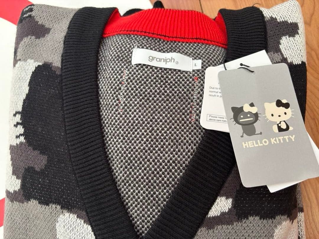 キティ シルエットパターン｜ジャカードＶネックカーディガン　グラニフ　L