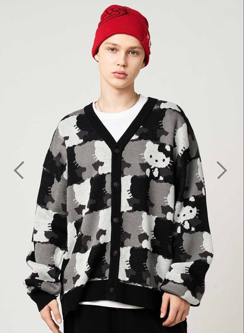 キティ シルエットパターン｜ジャカードＶネックカーディガン　グラニフ　L