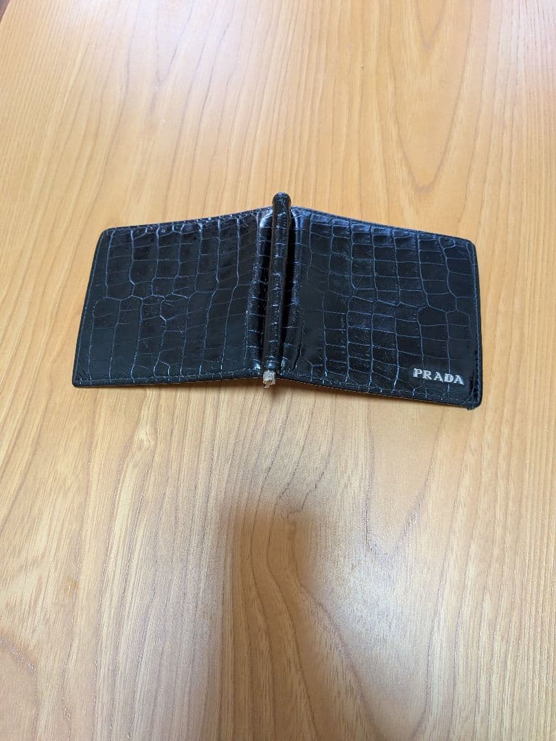 【希少】PRADA マネークリップ付 クロコダイル調 型押し 財布 黒