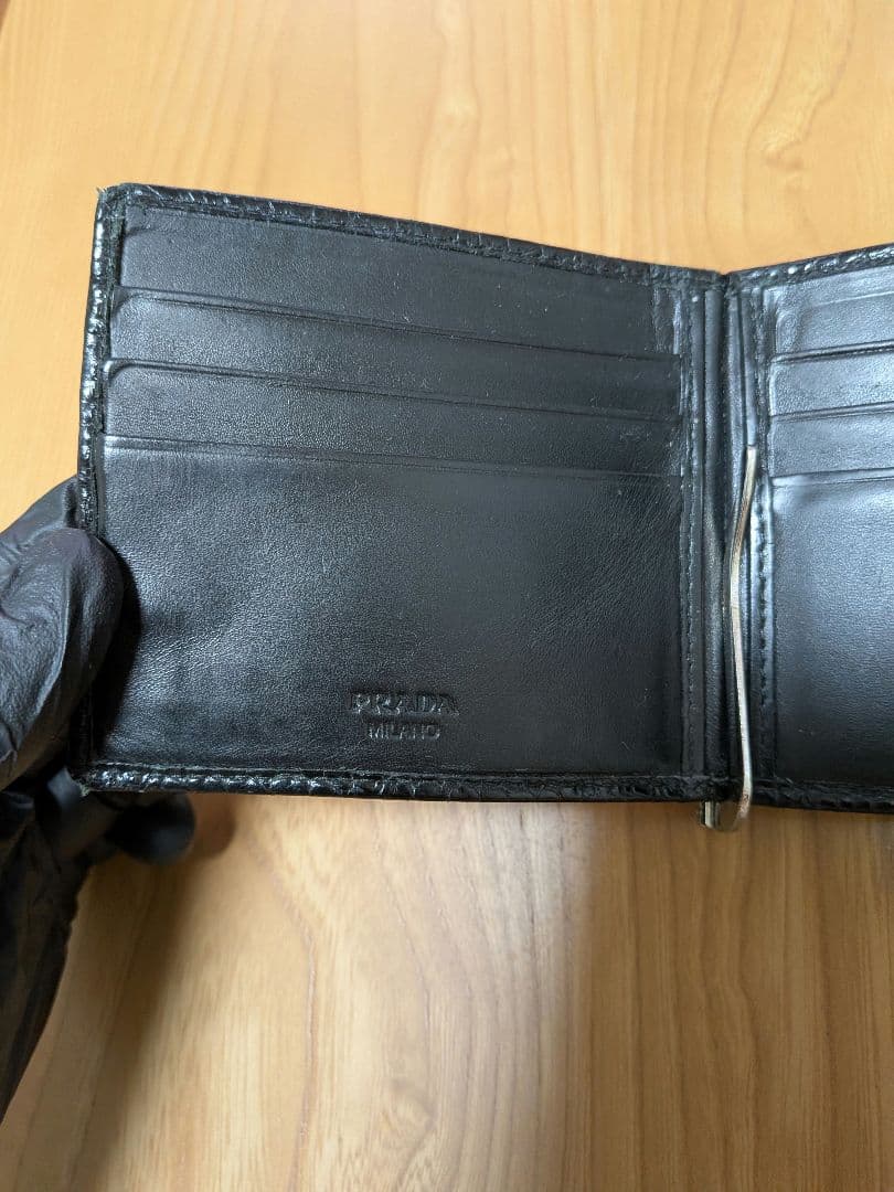 【希少】PRADA マネークリップ付 クロコダイル調 型押し 財布 黒