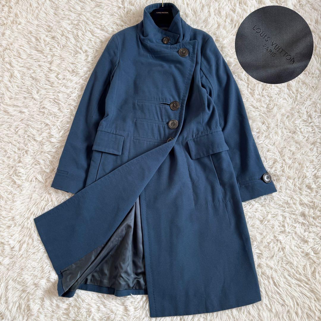 美品　カシミヤ混　ルイヴィトン　ロングコート　LV　総柄　ブルー　Mサイズ