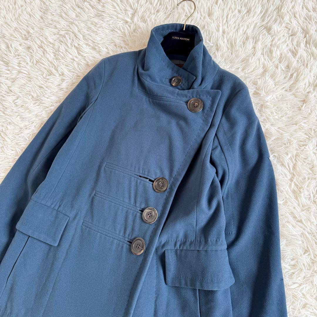 美品　カシミヤ混　ルイヴィトン　ロングコート　LV　総柄　ブルー　Mサイズ