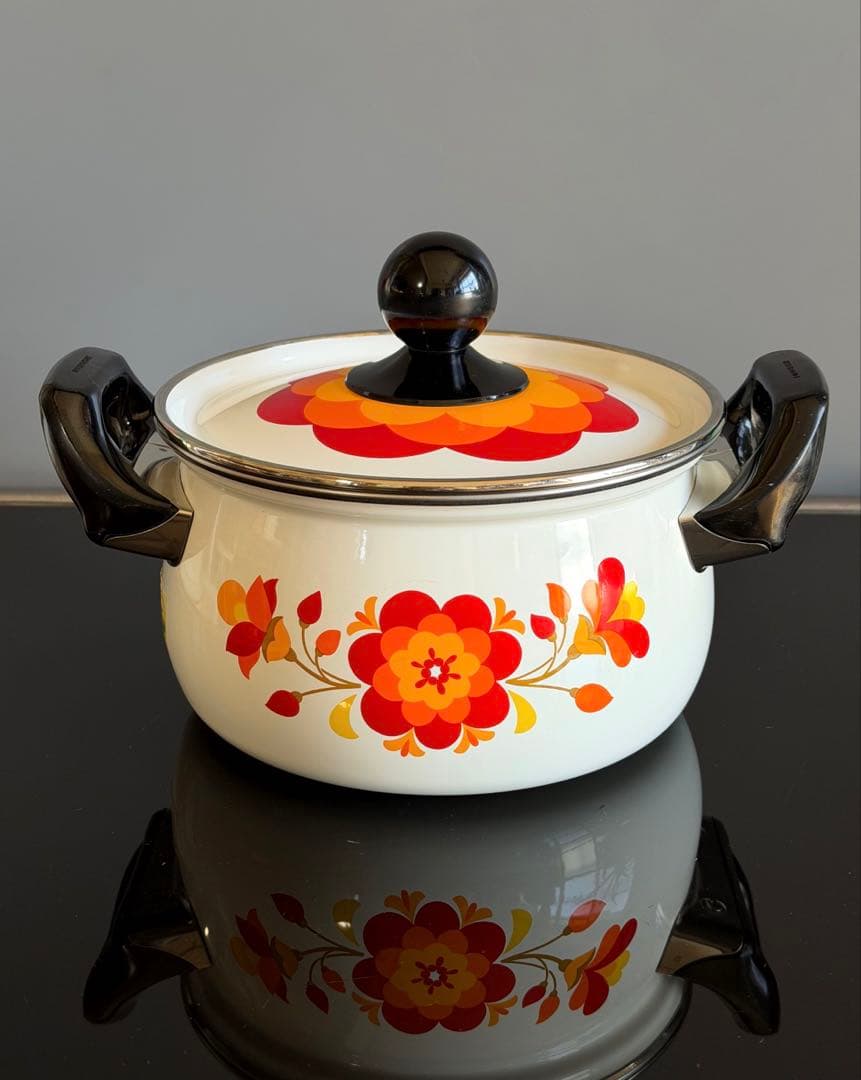 昭和レトロポップ　ホーロー鍋 マルビシ　フィオーレ　20cm 花柄　両手鍋